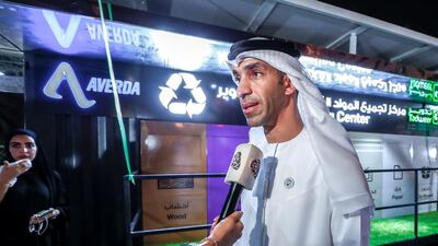 Environment minister Thani Al Zeyoudi at a public recycling station in Abu Dhabi last year. The capital sends about 80 per cent of its waste to landfill, official figures show, and there are plans to turn that around. Victor Besa / The National