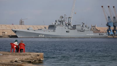 A Russian warship is seen docked in the Port Sudan, in February this year. AP Photo