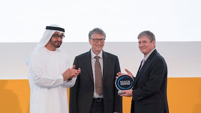 Sheikh Mohammed bin Zayed, Crown Prince of Abu Dhabi and Deputy Supreme Commander of the Armed Forces, pictured with Bill Gates and James 'Chip' Carpenter, son of Jimmy Carter, former US president whose foundation was recognised for its work in disease eradication. Hamad Al Kaabi / Crown Prince Court - Abu Dhabi