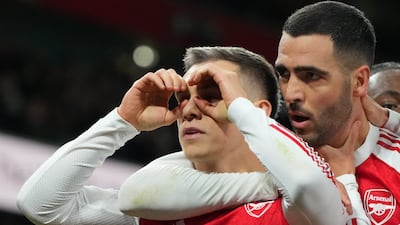 Arsenal's Leandro Trossard celebrates after opening the scoring in the 36th minute. AP