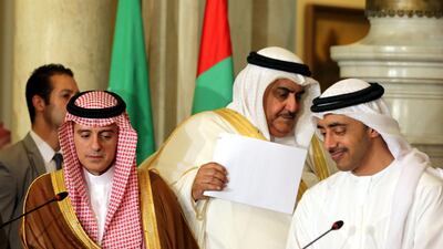 Sheikh Abdullah bin Zayed, The UAE Minister for Foreign Affairs and International Cooperation, right, the Saudi foreign minister Adel Al Jubeir, left, an the Bahrain foreign minister Khalid bin Ahmed Al Khalifa attend a press conference after their meeting that discussed the diplomatic situation with Qatar, in Cairo on July 5. Khaled Elfiqi / Reuters