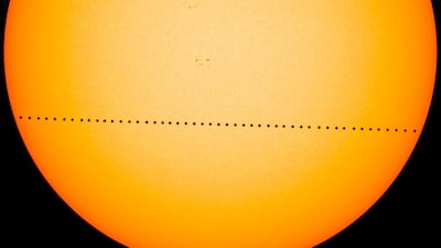A composite image released by Nasa shows the planet Mercury passing directly between the Sun and the Earth in May 2016. AP
