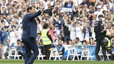 Spanish tennis player and Real fan Rafa Nadal is paraded on the pitch. EPA