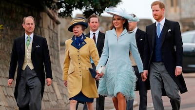 Prince Edward, Earl of Wessex, Princess Anne, Princess Royal, Lady Frederick Windsor and Prince Harry, Duke of Sussex, arrive at St George's Chapel. AFP