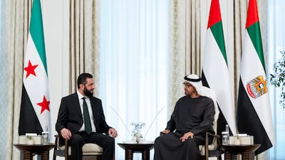 Sheikh Mohamed with Mr Al Shara at Al Shati Palace. Abdulla Al Bedwawi / UAE Presidential Court