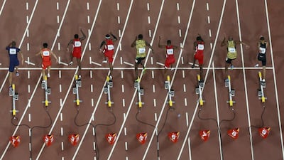 Athletes (from left to right) Jimmy Vicaut of France, Su Bingtian of China, Trayvon Bromell of the US, Mike Rodgers of the US, Usain Bolt of Jamaica, Tyson Gay of the US, Justin Gatlin of the US, Asafa Powell of Jamaica and Andre De Grasse of Canada shown at the start of the men’s 100-metre final at the World Championships on Sunday. Pawel Kopczynski / Reuters