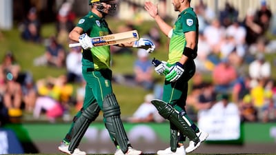 David Miller, left, and Faf du Plessis, right, produced a record fourth-wicket stand for South Africa against Australia. AFP