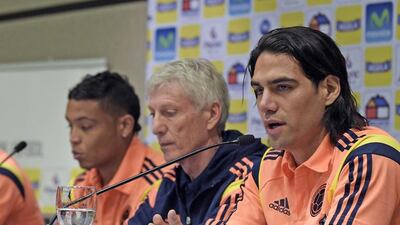 Radamel Falcao, right, has not played since he tore his cruciate knee ligament while in action for Monaco in January. Daniel Garcia / AFP
