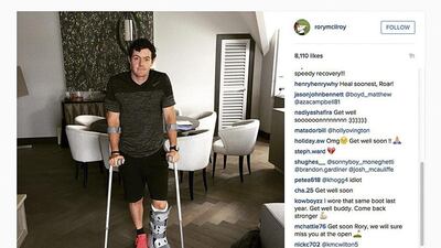 In this image released Monday July 6, 2015 by world No 1 golfer Rory Mcilroy shows him as he poses on crutches and with his left leg in a medical support. McIlroy ruptured a ligament in his left ankle while playing soccer less than two weeks before the start of his British Open title defense. Rory McIlroy via AP