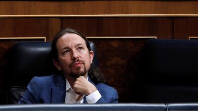 epa08559738 Spanish Second Deputy Prime Minister Pablo Iglesias attends a Government Question Time Session on the coronavirus pandemic. EPA/CHEMA MOYA
