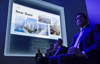 Secretary of State Marco Rubio listens to a presentation by Trump administration officials about post-war Gaza after a signing ceremony for the Board of Peace at the World Economic Forum. Getty
