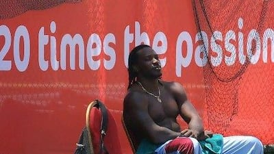 Chris Gayle cools off after a nets practice session in Colombo today. The opening batsman, considered one of Twenty20's most destructive players, is prepared and quietly confident about the West Indies' chances of winning the tournament. Lakruwan Wanniarachchi / AFP
