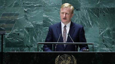 Then UK Deputy Prime Minister Oliver Dowden addresses the 78th United Nations General Assembly in 2023. Leonardo Munoz / AFP