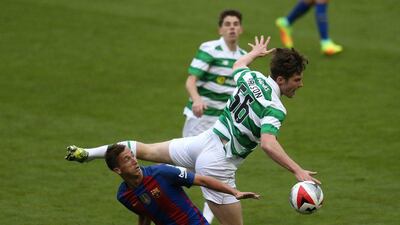 Celtic’s Anthony Ralston and Barcelona’s Juan Camara, on Saturday, July 30, 2016, in Dublin. Peter Morrison / AP Images for International Champions Cup