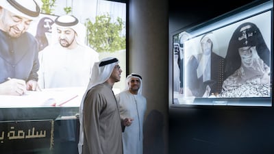 Sheikh Mansour bin Zayed, Vice President, Deputy Prime Minister and Chairman of the Presidential Court, left, tours Sheikh Suroor bin Mohamed Al Nahyan hall at the National Archives and Library. Photo: Eissa Al Hammadi / UAE Presidential Court