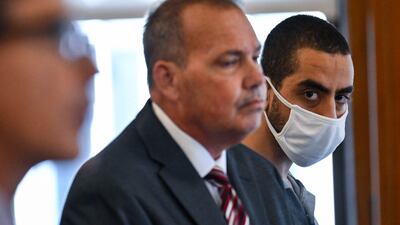 Hadi Matar, 24, accused of the attempted murder of British author Salman Rushdie, at a procedural hearing in Chautauqua County Courthouse in Mayville, New York, on August 18. AFP