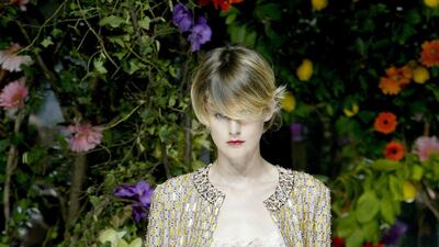 Stella Tennant wearing a look at the Dolce & Gabbana spring summer 2004 collection. Milan, October 2003. AFP