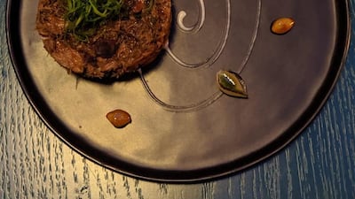 Shredded lamb shoulder stifado with miso aubergine at Mazi