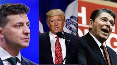 Ukrainian President Volodymyr Zelenskyy and former US presidents Donald Trump and Ronald Reagan were all screen stars before moving into politics. Photo: AP, AFP, Reuters