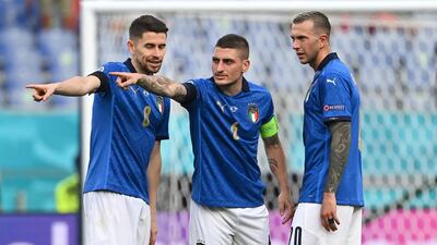 Jorginho, Marco Verratti and Federico Bernardeschi during the Euro 2020 between Italy and Wales. Getty Images
