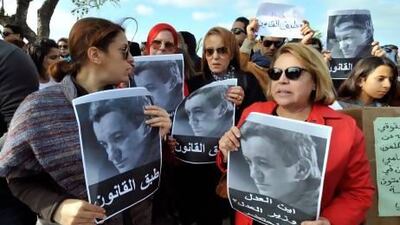 Tunisian demonstrators hold pictures of Sami Fehri, jailed boss of the Ettounsiya TV channel, during a protest calling for his release outside the presidencial palace in Carthage near Tunis last month.