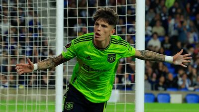 Alejandro Garnacho celebrates scoring for Manchester United in their Europa League win over Real Sociedad at the Reale Arena on November 3, 2022, their last group game. Reuters