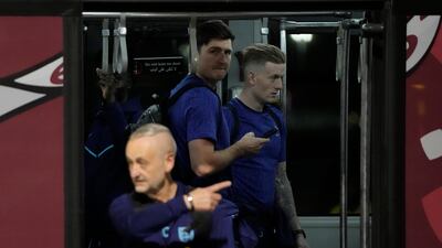 Harry Maguire and Jordan Pickford at Hamad International Airport in Doha. AP