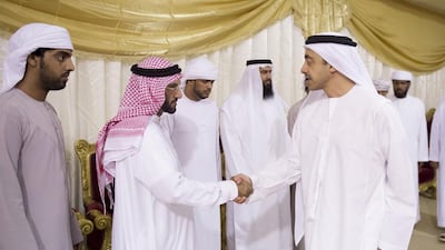 Sheikh Abdullah visited the condolence gatherings for martyrs Adil Saleh Abdullah Al Shehhi and Abdullah Omer Mubarak Al Jaberi, in Ras Al Khaimah and of martyr Saeed Obaid bin Fadil Al Ali in Umm Al Quwain.