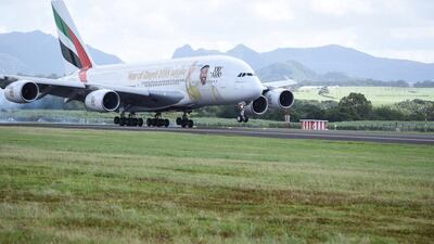 The Emirates Year of Zayed A380 touched down amid the stunning scenery of Mauritius. Courtesy Emirates