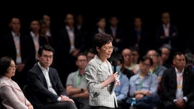 Carrie Lam, Hong Kong's chief executive, speaks at the community dialogue session at Queen Elizabeth Stadium in the Wan Chai district on September 26, 2019. Bloomberg
