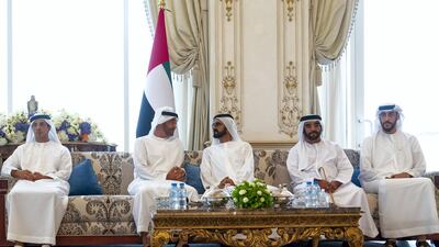 Sheikh Mohammed bin Rashid holds talks with Sheikh Mohamed bin Zayed. The two leaders are seen with Sheikh Mansour bin Zayed, Sheikh Saif bin Mohamed and Sheikh Abdullah bin Rashid Al Mu'alla, Deputy Ruler of Umm Al Quwain, right.