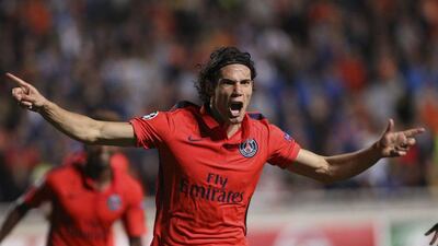 Edinson Cavani celebrates after scoring Paris Saint-Germain's lone goal in a 1-0 win over Apoel Nicosia in the Champions League on Tuesday night in Cyprus. Andreas Manolis / Reuters / October 21, 2014