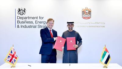 Suhail Al Mazrouei, Minister of Energy and Infrastructure, with UK Business Secretary, Grant Shapps, at the signing of the clean energy agreement. Wam