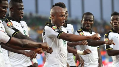 Andre Ayew of Ghana, centre, leads Ghana goal celebration after his brother Jordan Ayew (not in picture) scored against DR Congo during the 2017 African Cup of Nations. Gavin Barker / EPA