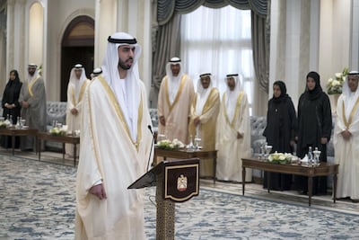 Omar bin Sultan Al Olama, UAE Minister of State for Artificial Intelligence, gives his oath, during a swearing-in ceremony for newly appointed ministers, at Mushrif Palace. Hamad Al Kaabi / Crown Prince Court - Abu Dhabi