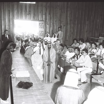 Sheikh Zayed at the Shakespearean lecture in 1979 with Queen Elizabeth II and Prince Philip. Photo: Al-Ittihad