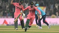 Pakistan's Haris Rauf, left, and Shadab Khan secured a one-wicket win over England in the ODI tri-series at the Gaddafi Stadium in Lahore. Getty Images