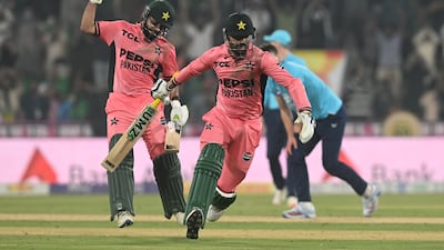 Pakistan's Haris Rauf, left, and Shadab Khan secured a one-wicket win over England in the ODI tri-series at the Gaddafi Stadium in Lahore. Getty Images
