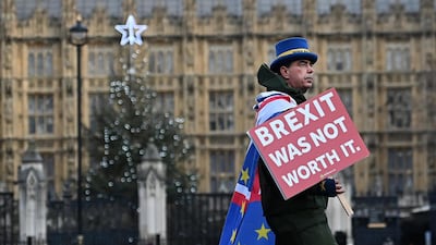Pro EU campaigner Steve Bray outside parliament as MP's voted on the Brexit deal in London, Britain. MPs overwhelmingly voted in favour of the EU (Future Relationship) Bill by 521 votes to 73 on Wednesday. EPA