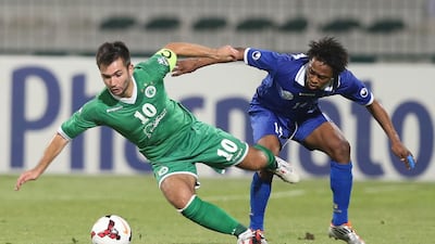 Carlos Villanueva, left, opened the scoring for Al Shabab in their 3-1 win at home for the second leg. The Dubai-based club lost the tie 5-4 on aggregate in penalty kicks. Afsal Sham / Al Ittihad