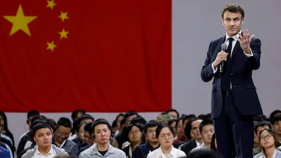 Mr Macron addresses students at Sun Yat-sen University in Guangzhou, China. AFP