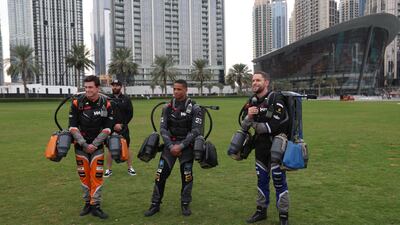 Dubai will host a jet suit race in February. Guests at Thursday's press conference got a sneak preview. Dubai Media Office