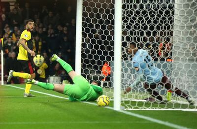 Watford striker Troy Deeney of Watford scores his side's first goal against Aston Villa. Getty