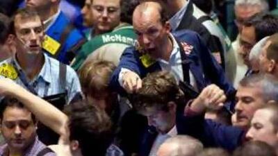 Traders hard at work in the crude oil options pit at the New York Mercantile Exchange.