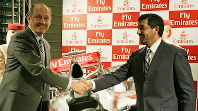 Ron Dennis, team principal of McLaren Mercedes F1 team and and Sheikh Ahmed bin Saeed announce a new sponsorship deal in 2006 in Berlin. Getty Images