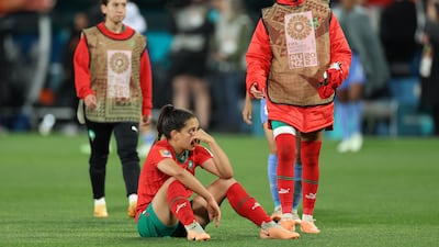 ADELAIDE, AUSTRALIA - AUGUST 08: Sakina Ouzraoui of Morocco shows dejection after the team’s 0-4 defeat and elimination from the tournament following during the FIFA Women's World Cup Australia & New Zealand 2023 Round of 16 match between France and Morocco at Hindmarsh Stadium on August 08, 2023 in Adelaide, Australia. (Photo by Cameron Spencer / Getty Images )