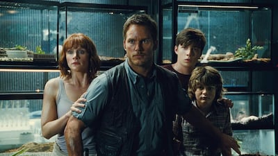 Jurassic World. Bryce Dallas Howard, from left, as Claire, Chris Pratt as Owen, Nick Robinson as Zach, and Ty Simpkins as Gray, in a scene from the film Jurassic World, directed by Colin Trevorrow. Universal Pictures / Amblin Entertainment via AP