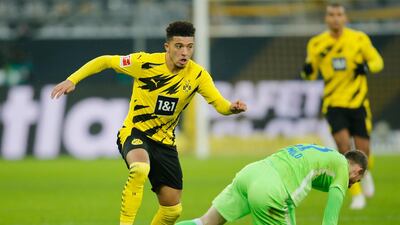 Borussia Dortmund's Jadon Sancho in action against Wolfsburg. Reuters
