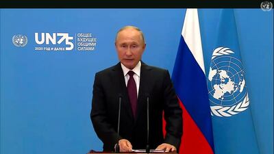 Russian President Vladimir Putin, speaks in a pre-recorded message which was played during the 75th session of the United Nations General Assembly. UNTV via AP