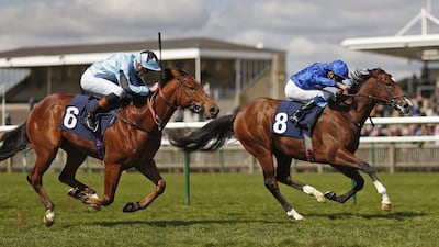 William Buick riding Sound And Silence win The Novice Stakes at Newmarket Racecourse. Alan Crowhurst / Getty Images